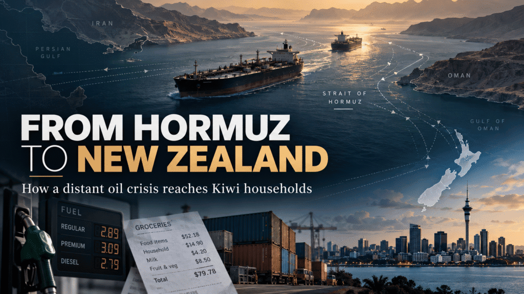 Oil tanker routes through the Strait of Hormuz linked to fuel, freight and household costs in New Zealand.