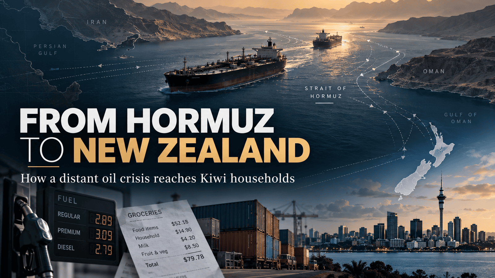 Oil tanker routes through the Strait of Hormuz linked to fuel, freight and household costs in New Zealand.