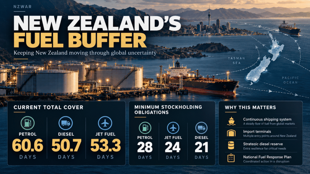 Diagram showing how regional tension and shipping risk can increase oil prices, industry margins and costs for New Zealand households and businesses.