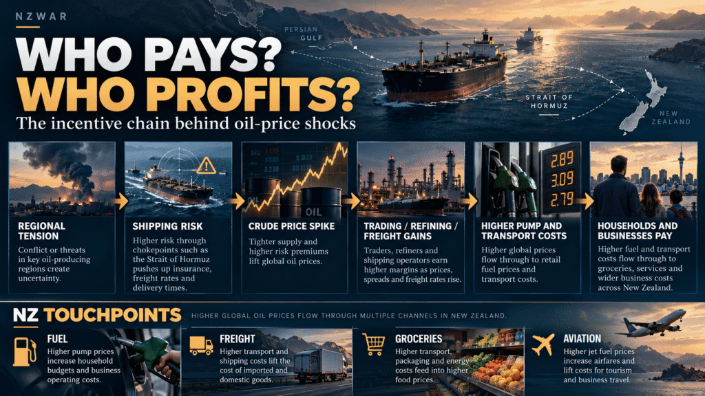 Infographic showing New Zealand petrol, diesel and inflation increases during the 2026 Middle East oil shock.