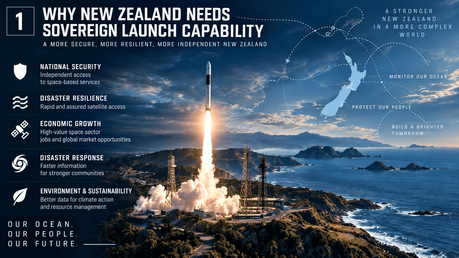 Infographic explaining why New Zealand needs sovereign launch capability led by defence