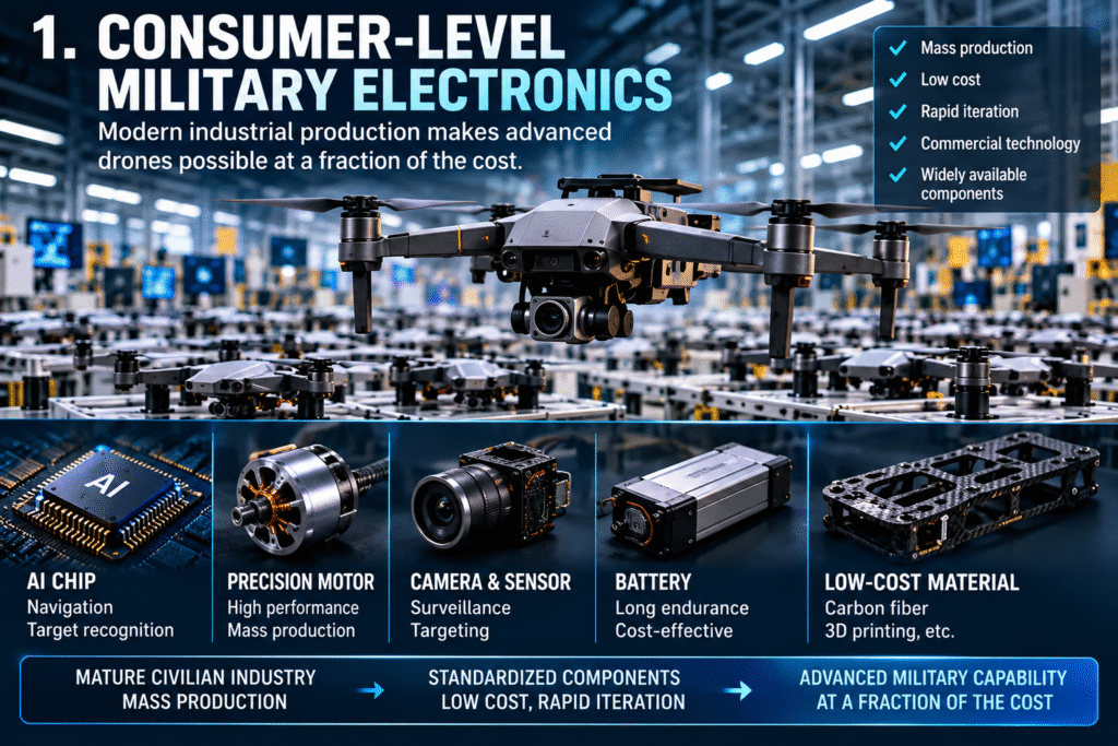 Modern drone manufacturing using consumer-grade electronics and advanced industrial production