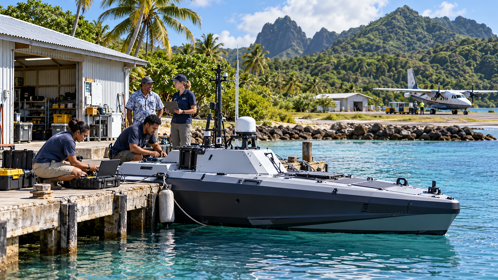 AI concept illustration: Technicians servicing an uncrewed vessel at a cooperative Pacific island harbour.
