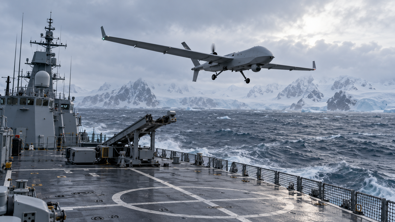Royal New Zealand Navy vessel operating a polar-capable uncrewed aircraft in Southern Ocean conditions