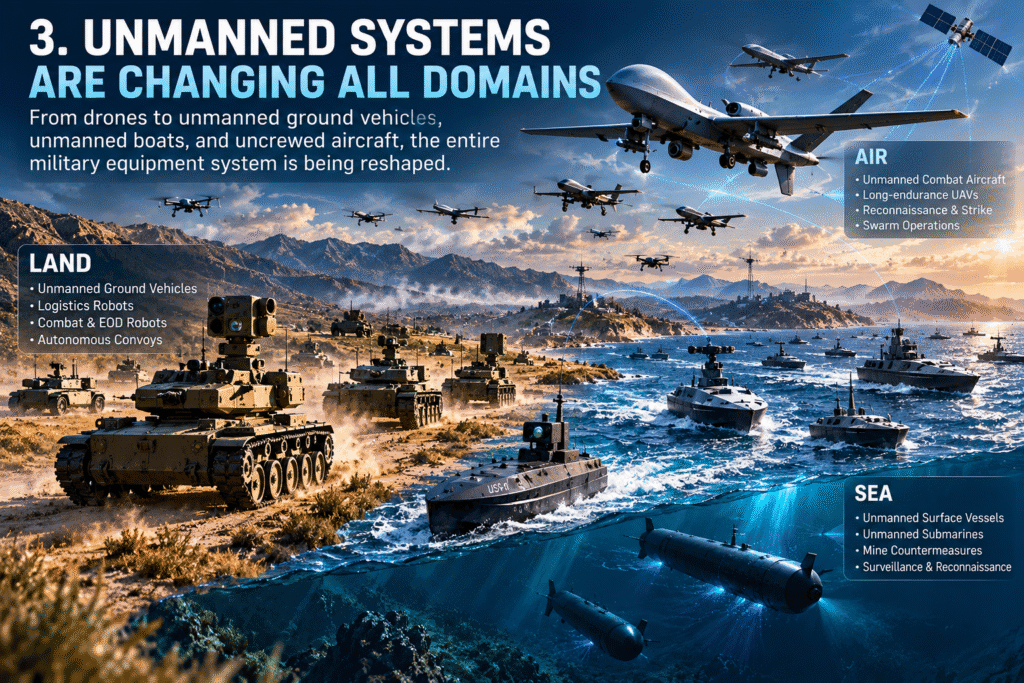 Unmanned military systems operating across air land and maritime domains