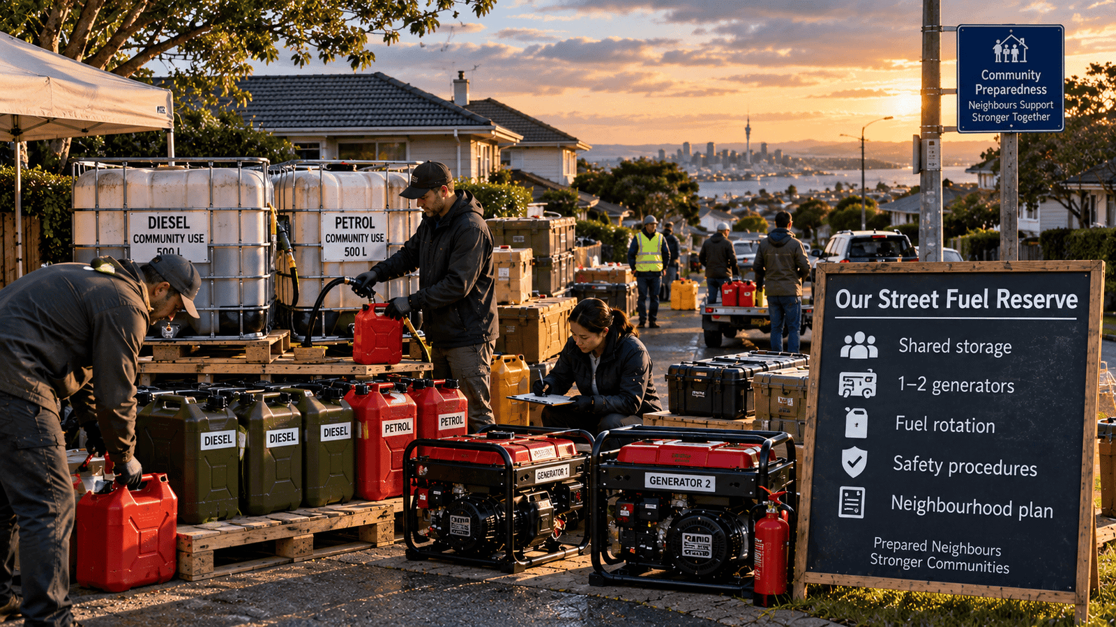 Conceptual neighbourhood emergency fuel reserve supporting shared generators and essential power